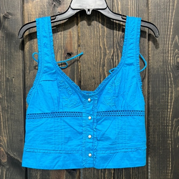 Free People Kerry Crop Top S Blue Ruffle Embroidered Pearl Smocked Milkmaid Boho - Picture 1 of 8